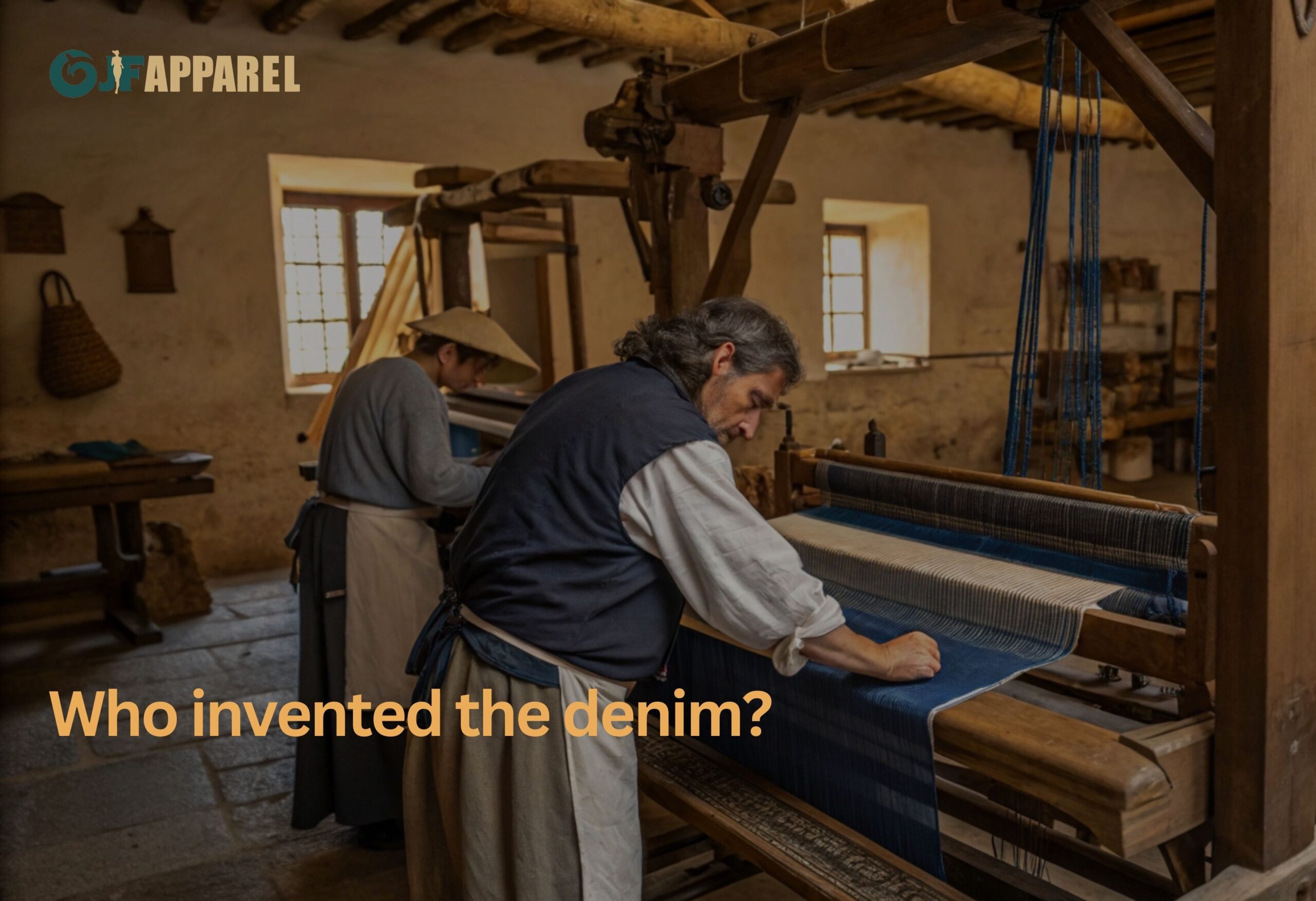 Weavers operate looms, creating intricate patterns in a historic workshop.