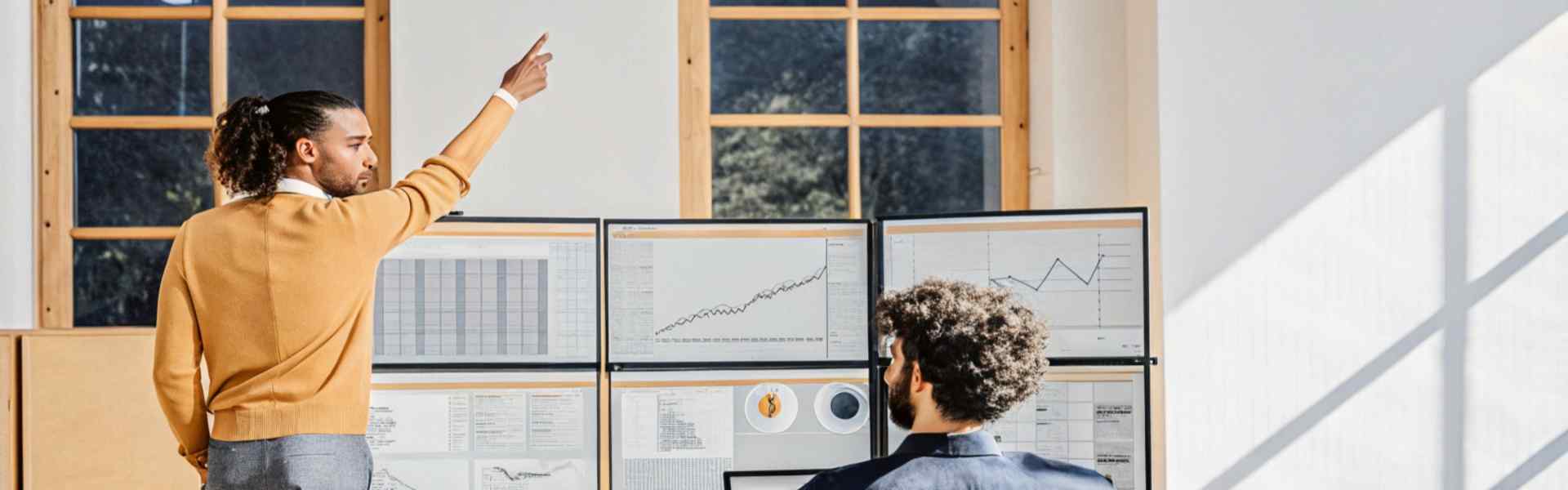 Two professionals discussing graphs on multiple monitors in a bright office.