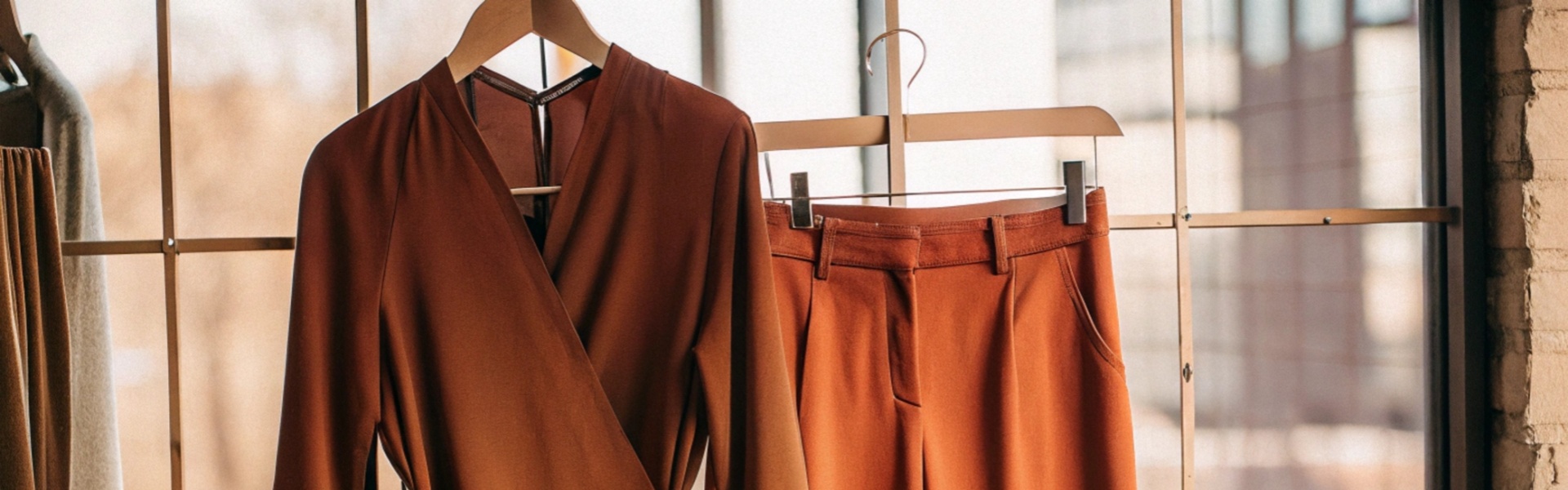 Rust-colored blouse and matching pants with ankle boots displayed on a rack in soft natural light.