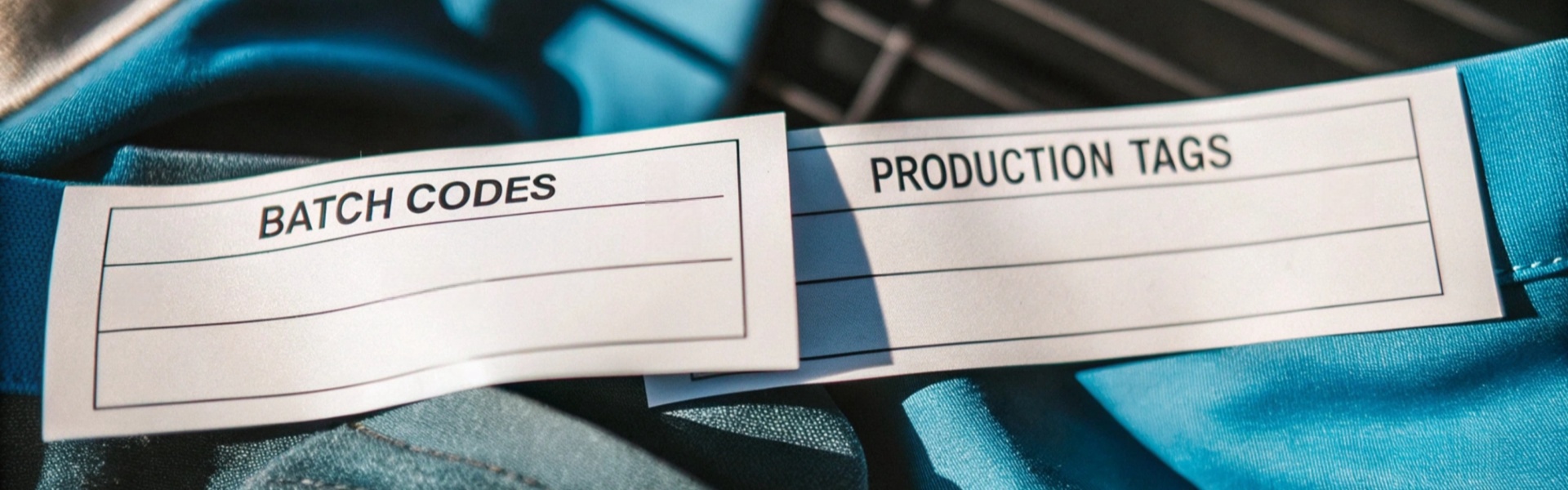 Close-up of batch codes and production tags placed on teal fabric in sunlight.
