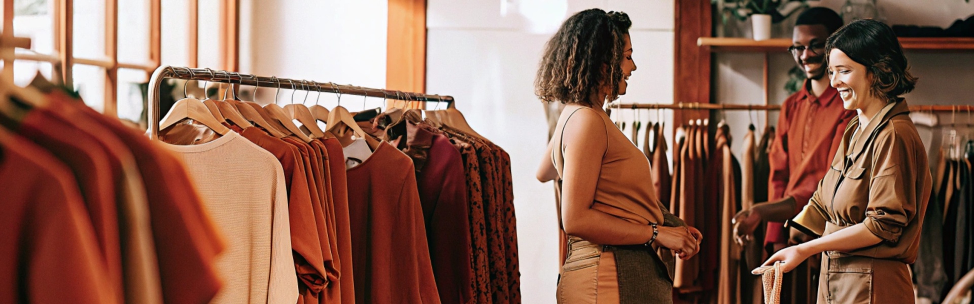 Three people interacting in a boutique with racks of earthy-toned clothing.