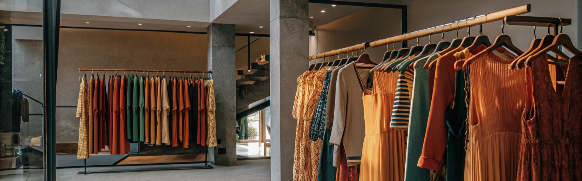 A boutique featuring clothing racks with warm-colored garments in a modern open space.