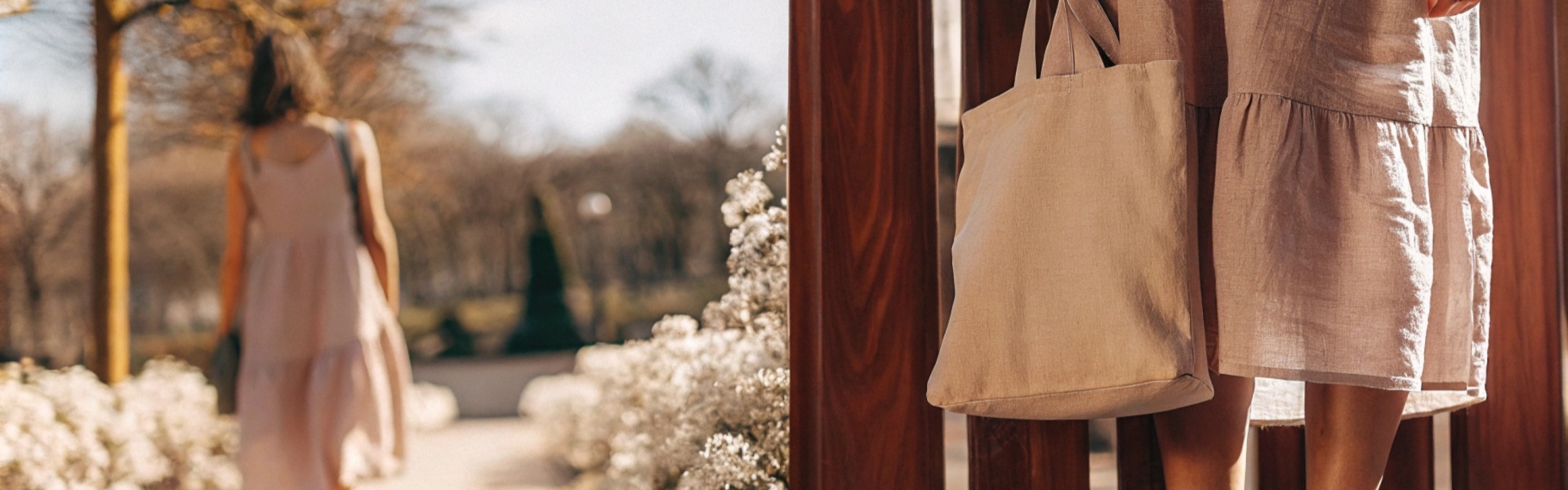 Woman walking in a park with a tote bag and beige dress.