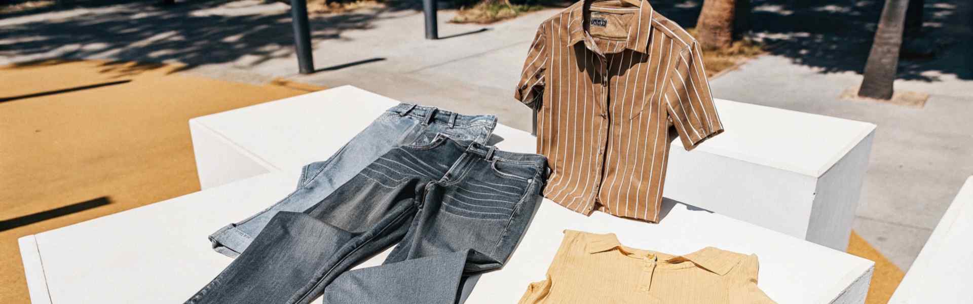 A flatlay of jeans, striped shirt, yellow blouse, and sneakers displayed on white pedestals outdoors.