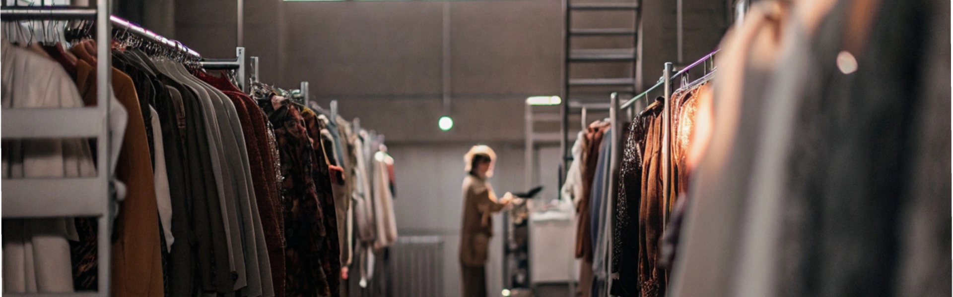 Rows of garments on hangers with a person in the background.