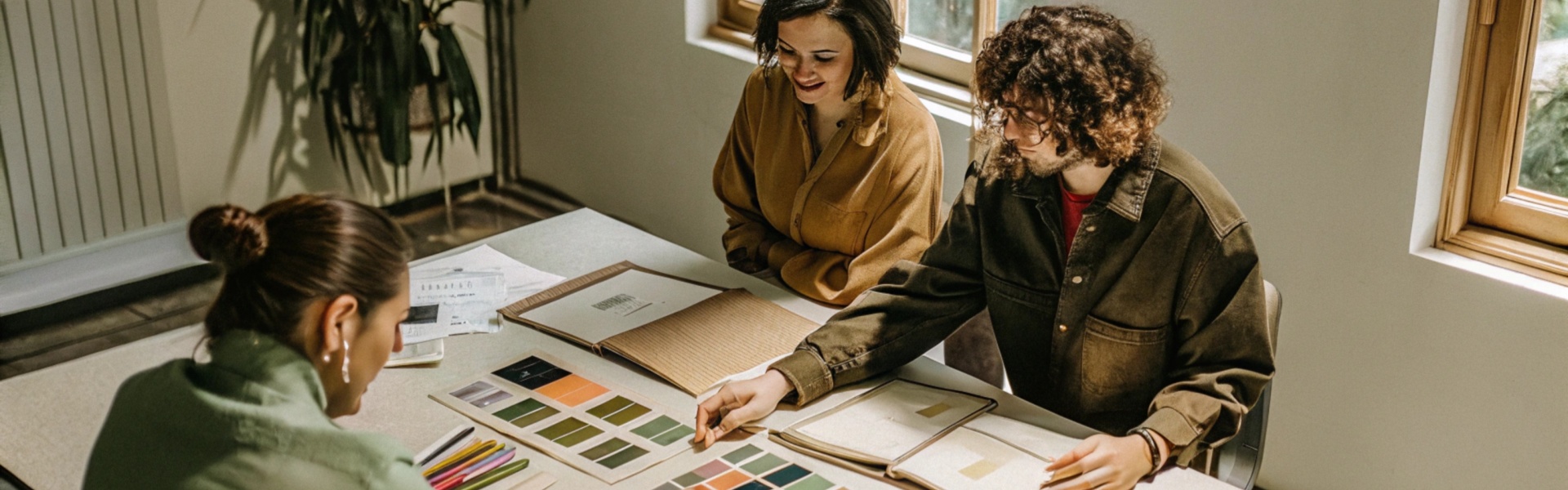 A group of designers selecting colors from a palette in a bright studio.