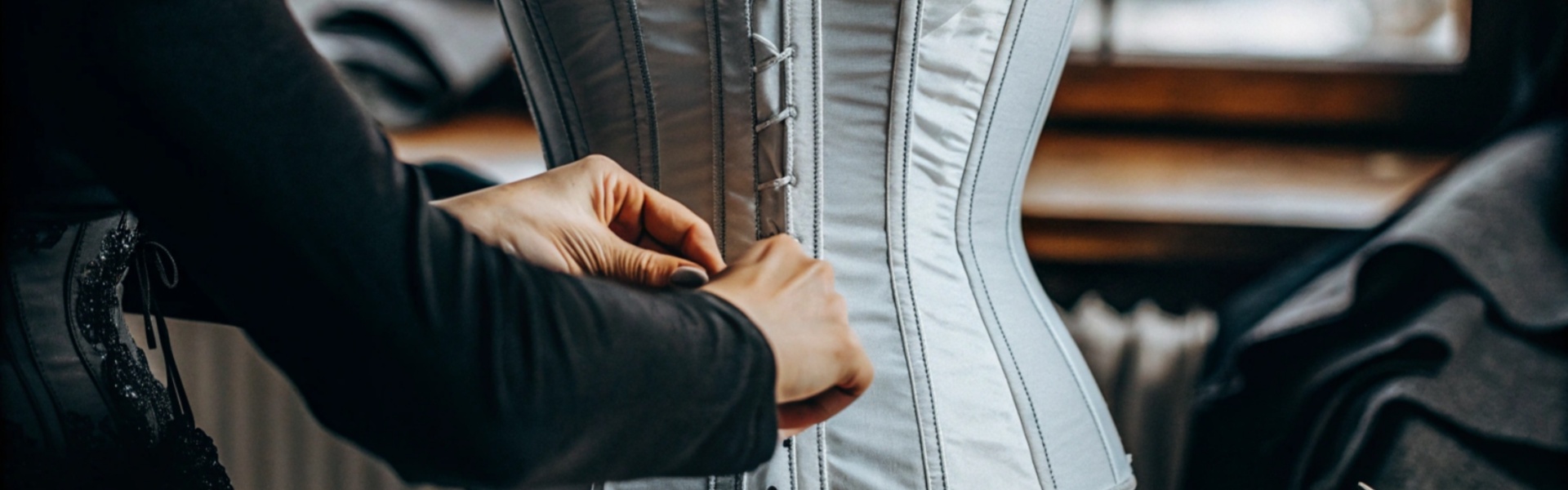 Close-up of hands lacing a white corset.