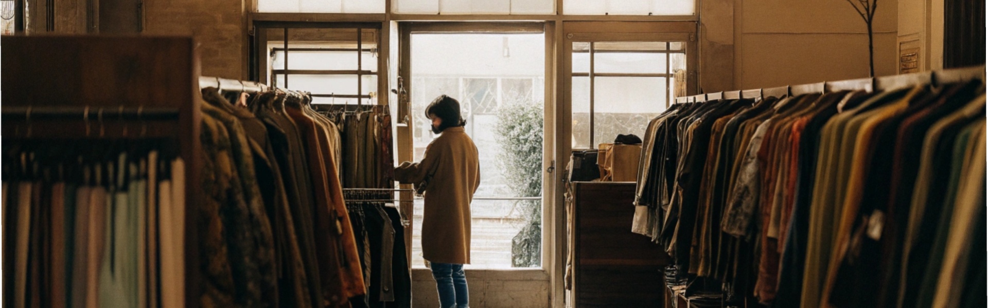 A customer browsing through clothing racks in a warmly lit boutique with a serene atmosphere.