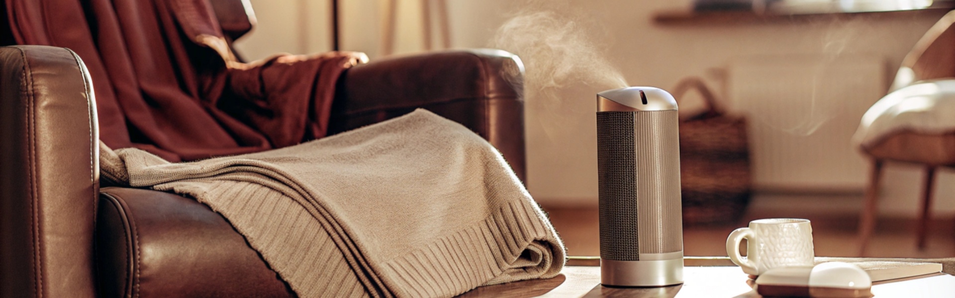 A cozy corner with a leather chair, soft blanket, and a modern humidifier releasing mist.