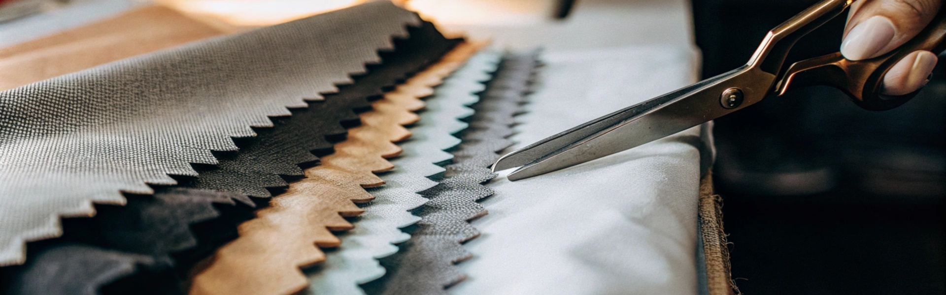 Fabric scissors cutting through colorful swatches.