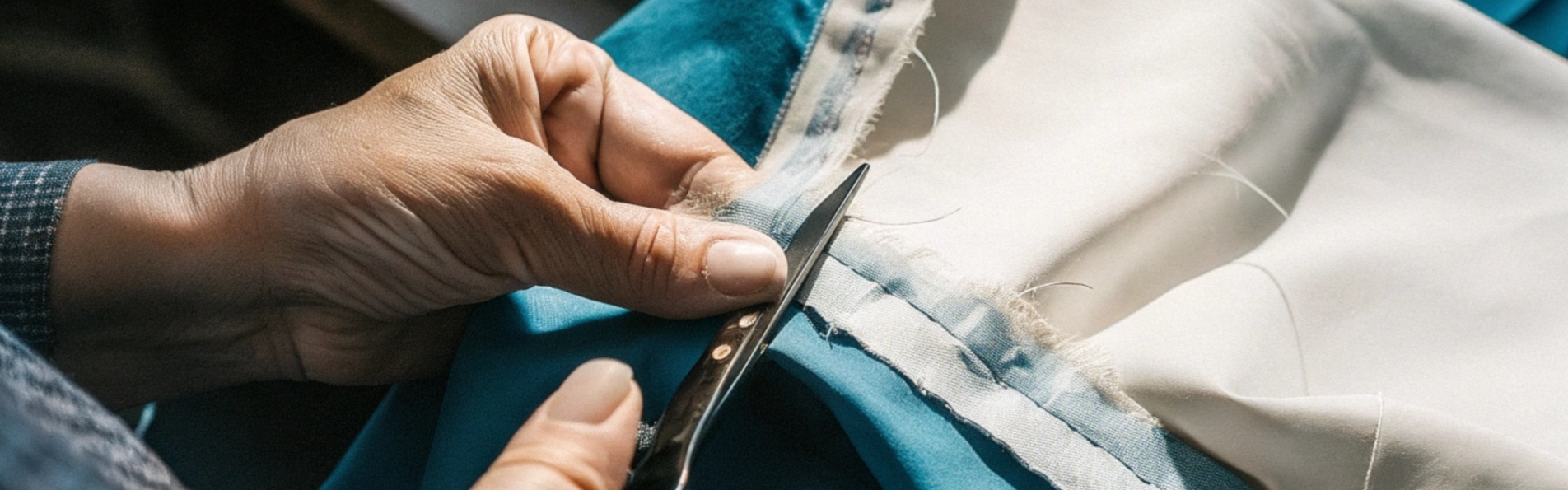 Hands using scissors to cut blue and white fabric edges.