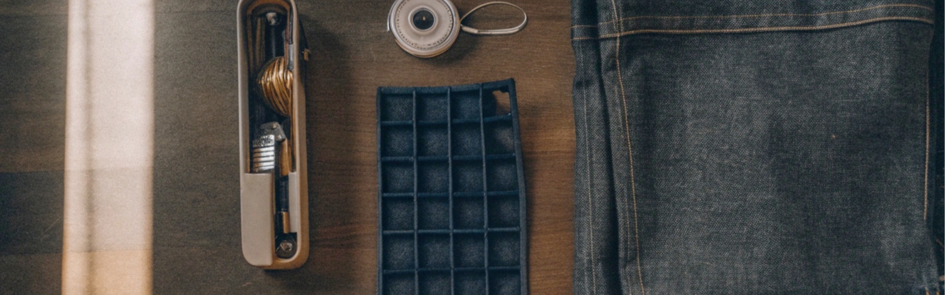 A set of denim repair tools, including scissors, thread, measuring tape, and denim fabric.