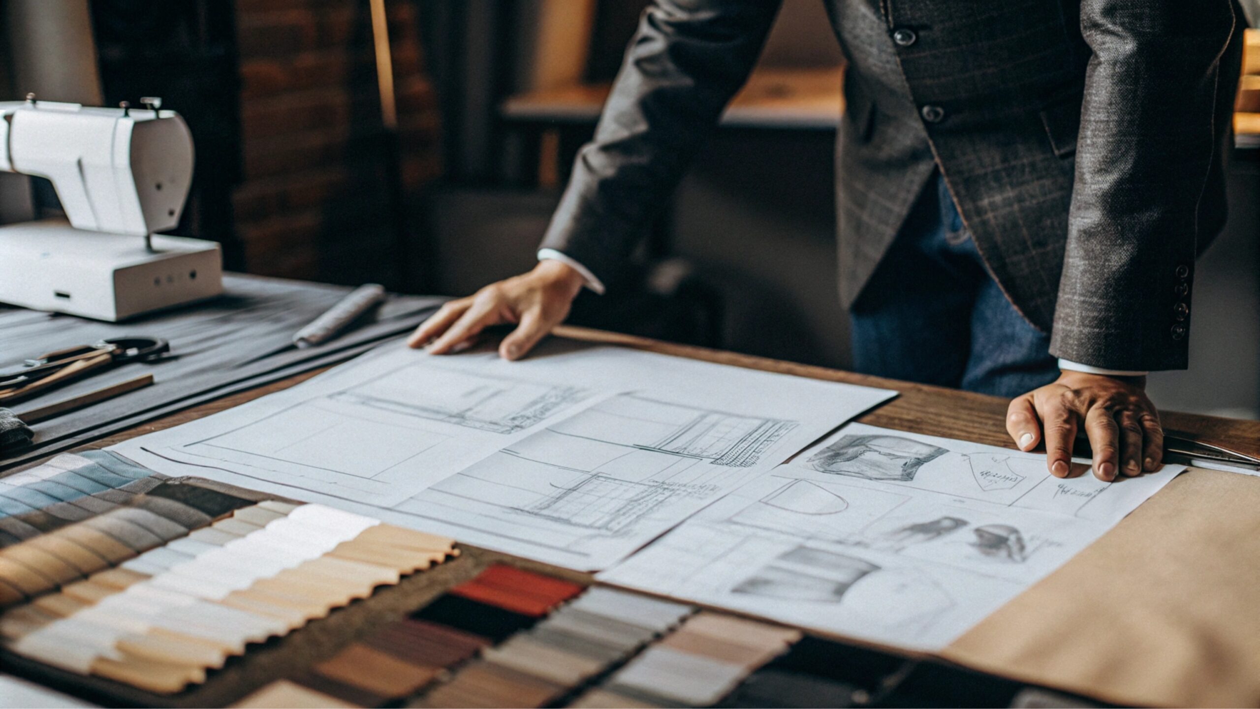 Man in a blazer reviewing garment sketches and fabric swatches on a worktable with a sewing machine nearby.