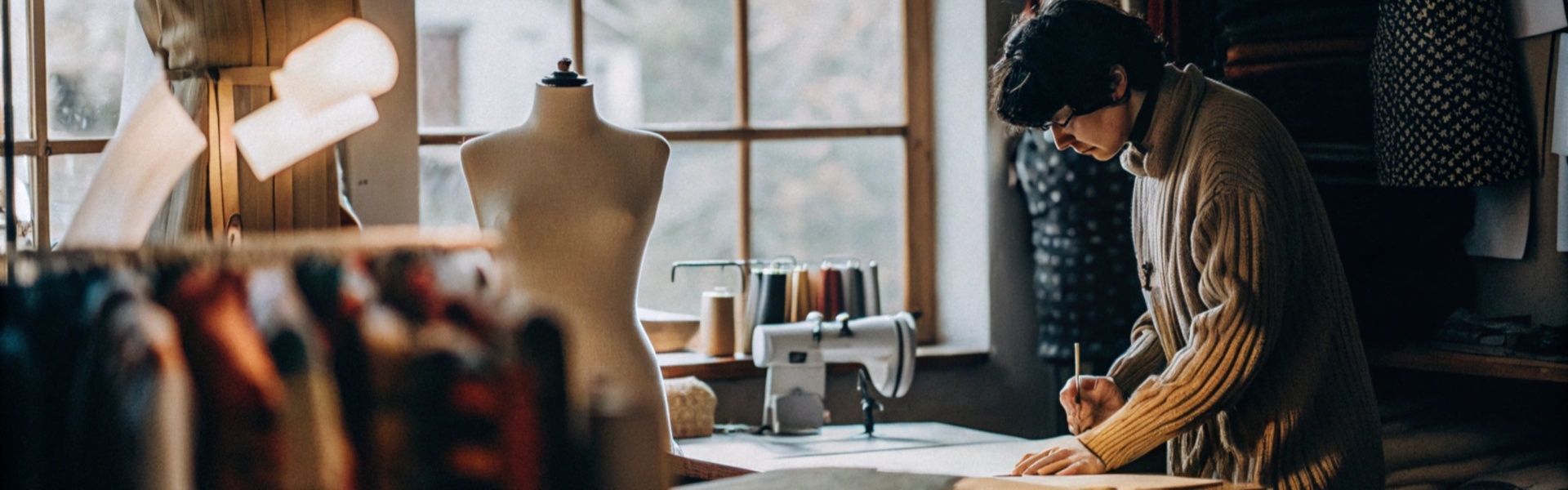 A designer working on patterns in a cozy studio with mannequins, fabrics, and sewing tools.