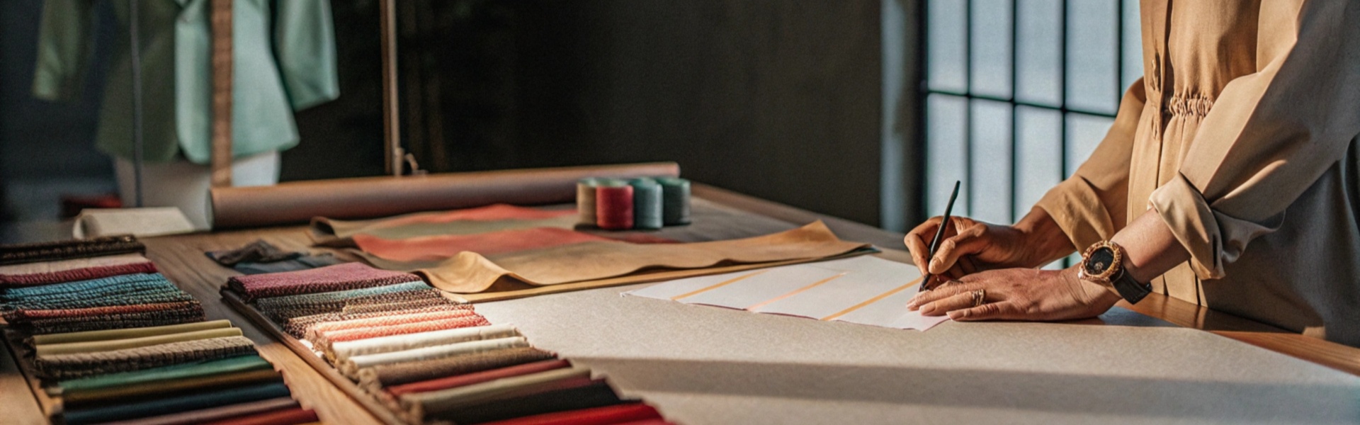 A designer working at a table filled with fabric samples and creating sketches for designs.