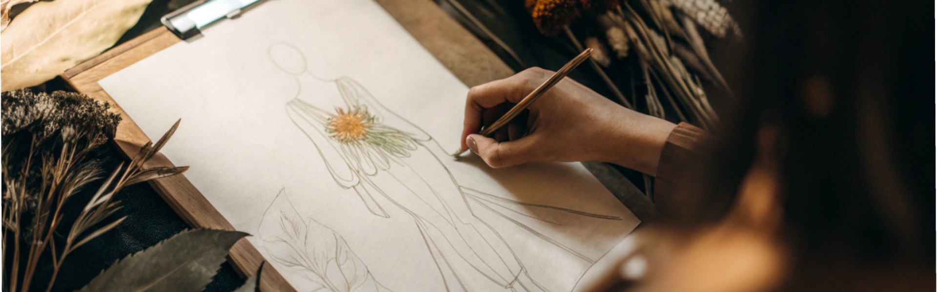 A person sketching a fashion design with floral elements, surrounded by dried flowers and leaves.