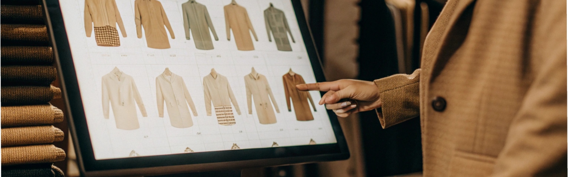 A person in a beige coat interacting with a digital screen showing coat designs, with fabric swatches displayed on the table.