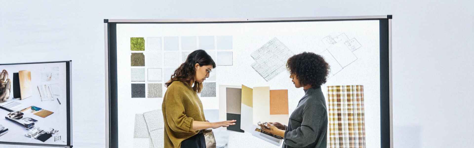 Two designers examining fabric and color samples in front of a presentation board.