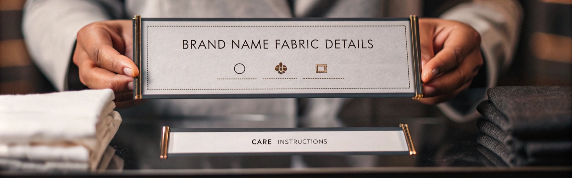 Hands holding a sign reading "Brand Name Fabric Details," with neatly folded fabric and care instructions displayed below.