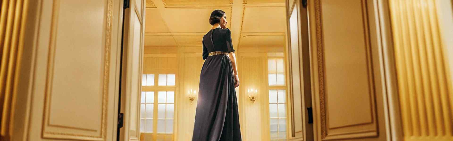 Woman in a navy gown standing in a luxurious ballroom with chandeliers.