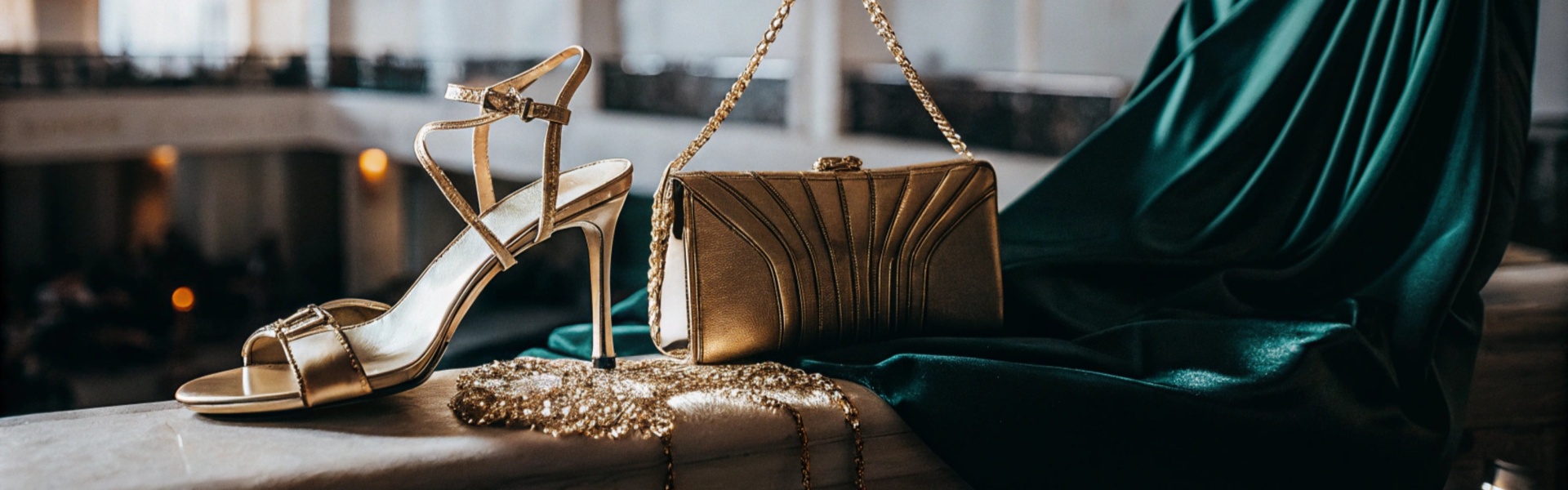 Gold high heels, matching clutch, and a green satin dress elegantly displayed in a ballroom with chandeliers.