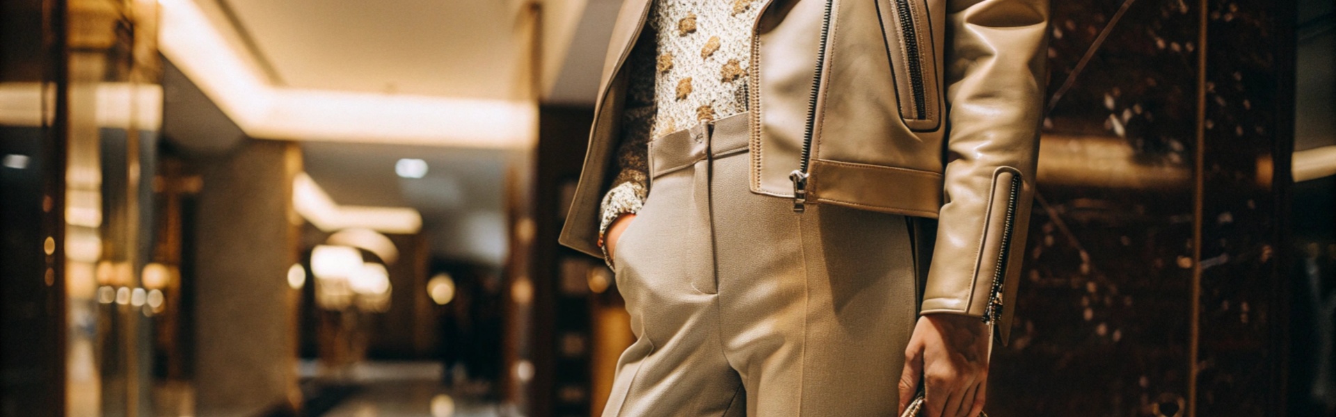 Woman in tailored beige pants, a leather jacket, and a luxury patterned handbag in a sophisticated hallway.