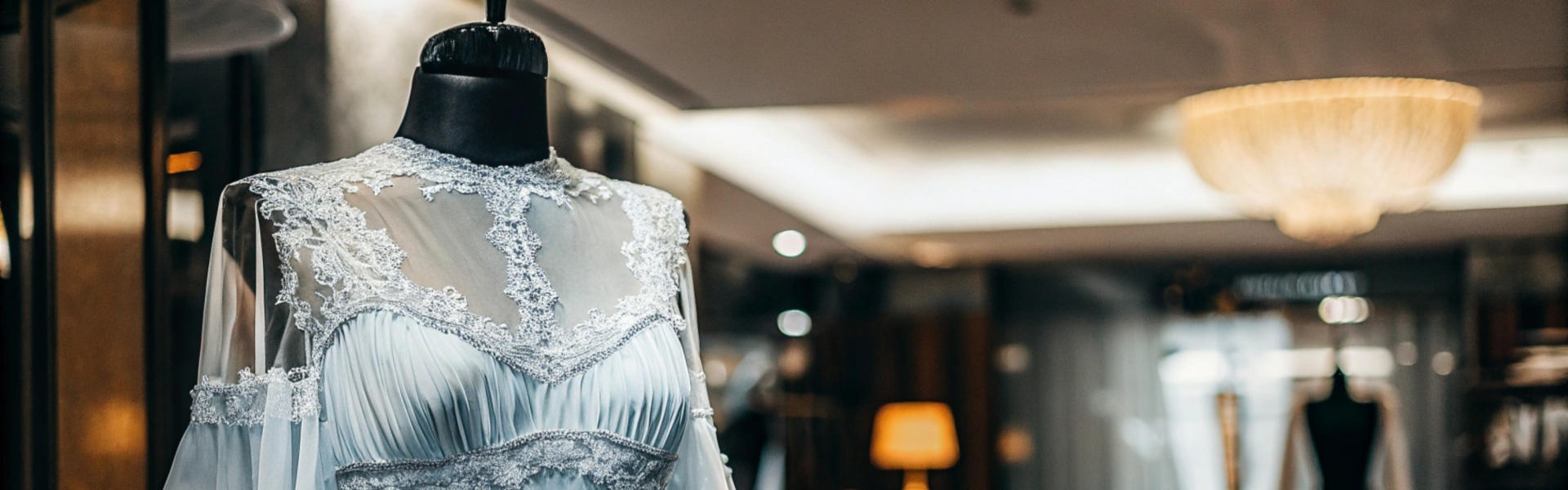 Light blue evening gown with lace details on a mannequin, displayed in a boutique with luxurious decor.