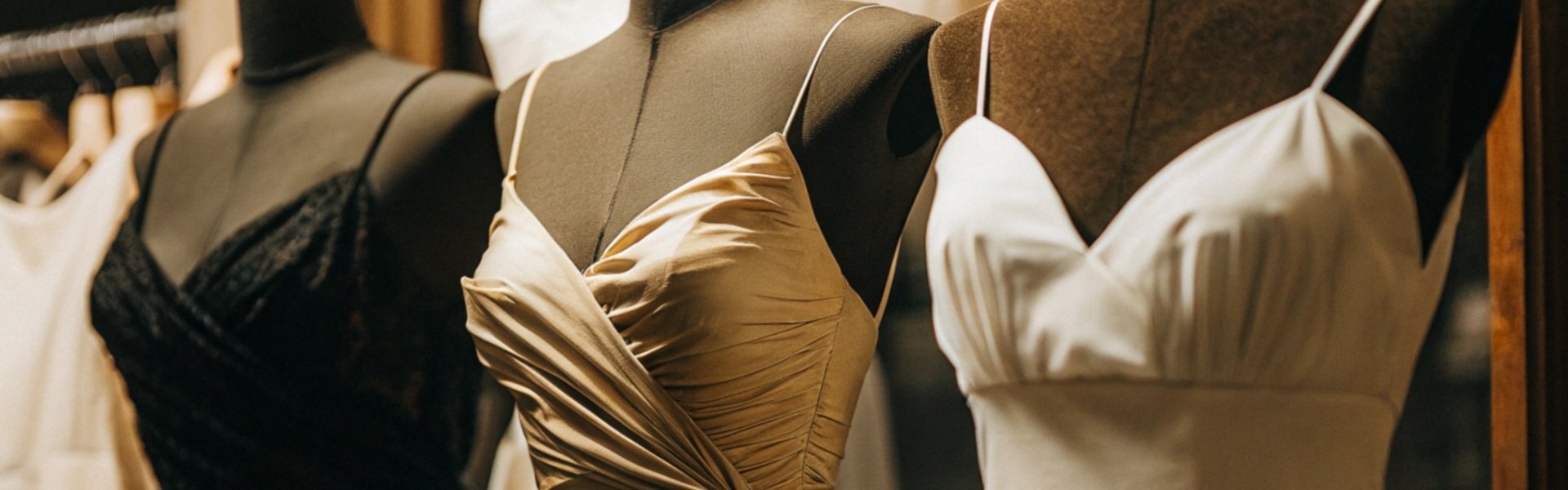 Three mannequins displaying black lace, golden satin, and white draped evening dresses in a boutique.