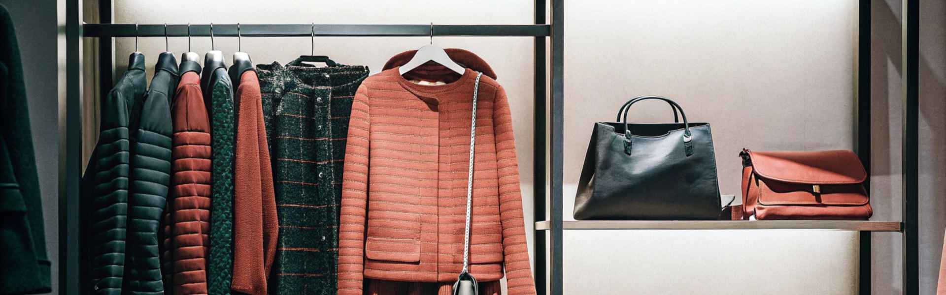 A retail display featuring red and black jackets, a quilted coat, and leather handbags.