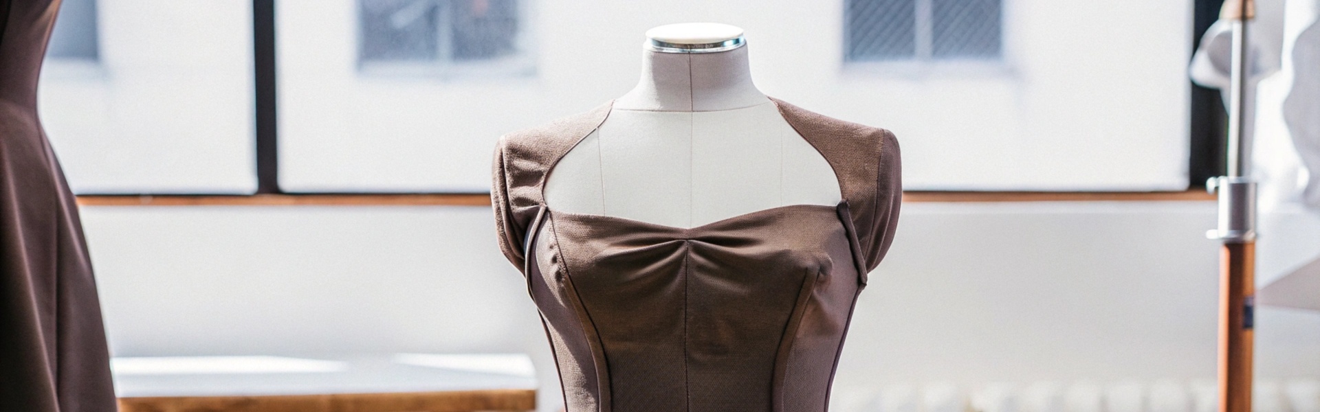 Brown fitted dress displayed on a mannequin in a bright studio.