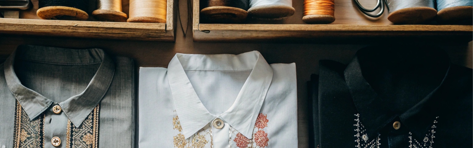 Three embroidered shirts in gray, white, and black displayed under wooden shelves with spools of thread.