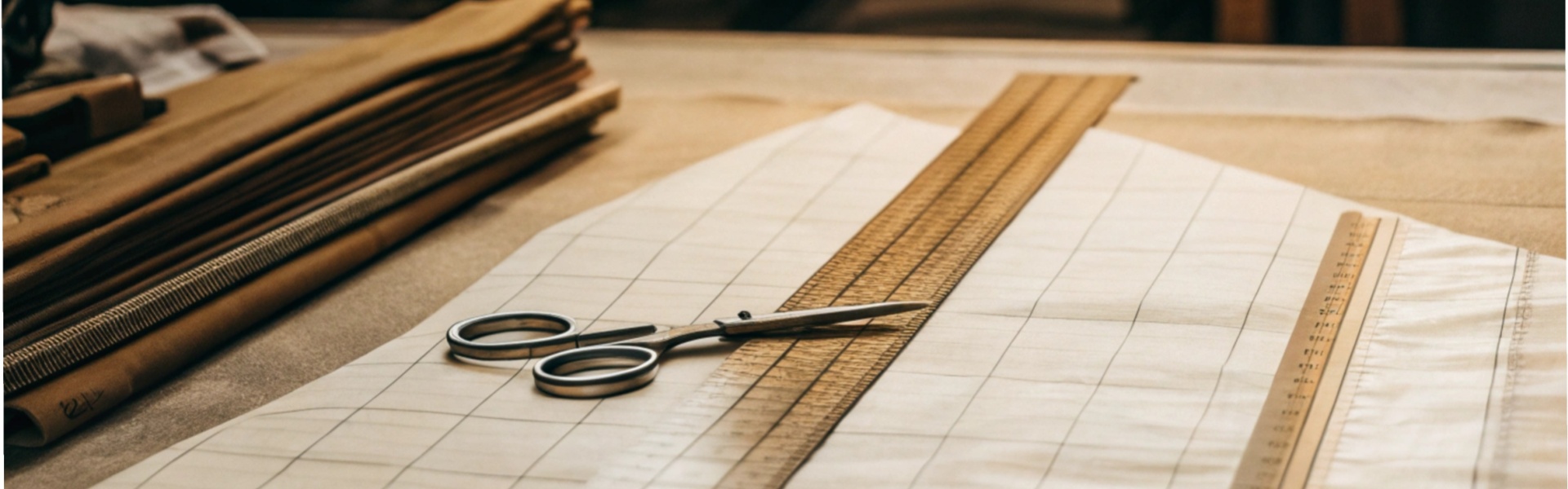 Scissors and rulers on a fabric pattern sheet in a workshop.