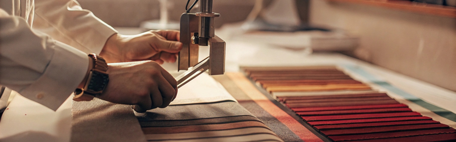 Designer measuring and cutting fabric samples on a table.