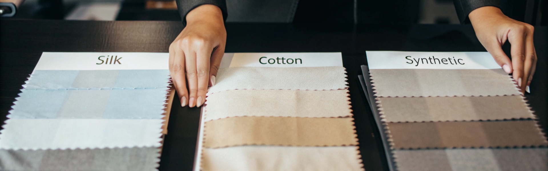 A person arranging fabric samples labeled silk, cotton, and synthetic on a black table.