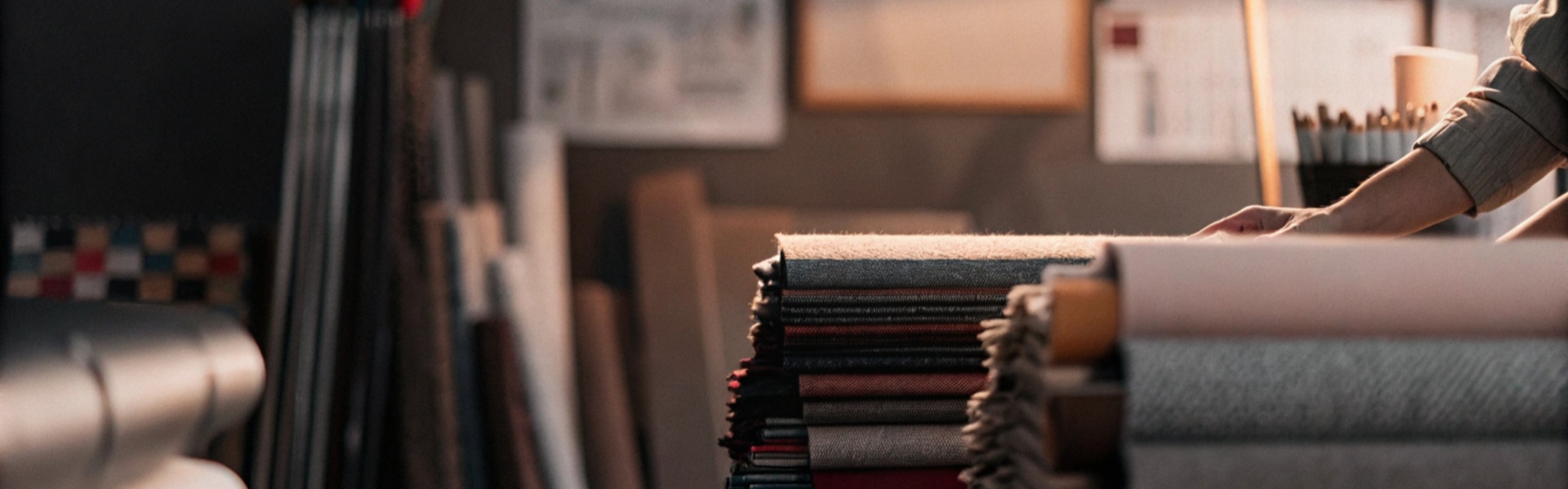 Stacks of fabric rolls on a table in a designer's studio with sketches on the wall.