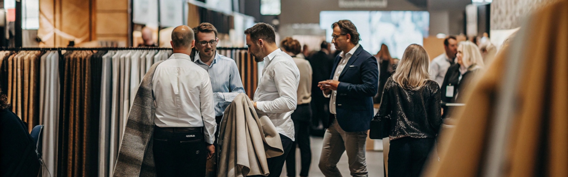 Professionals interacting at a textile and fabric trade fair.