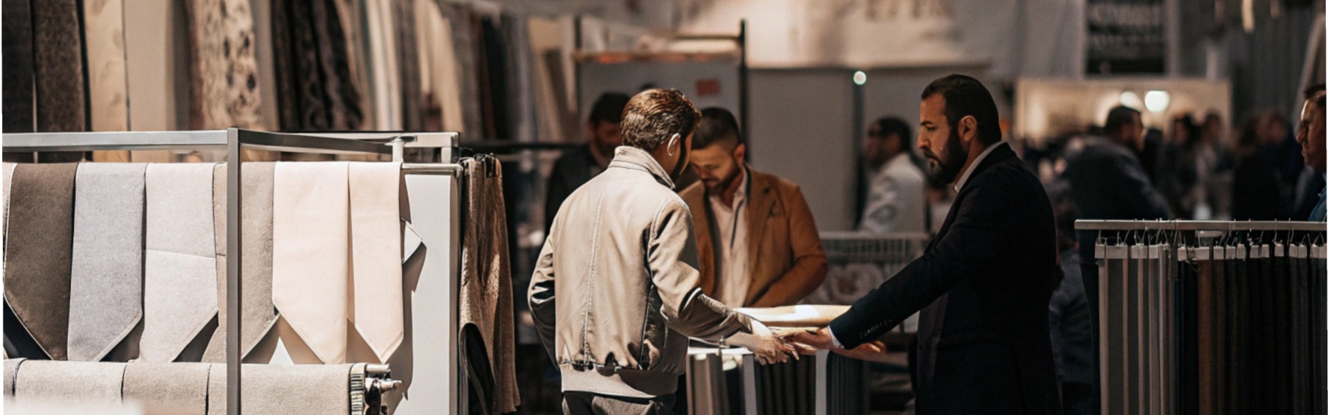 People discussing and examining fabrics at a textile trade fair.