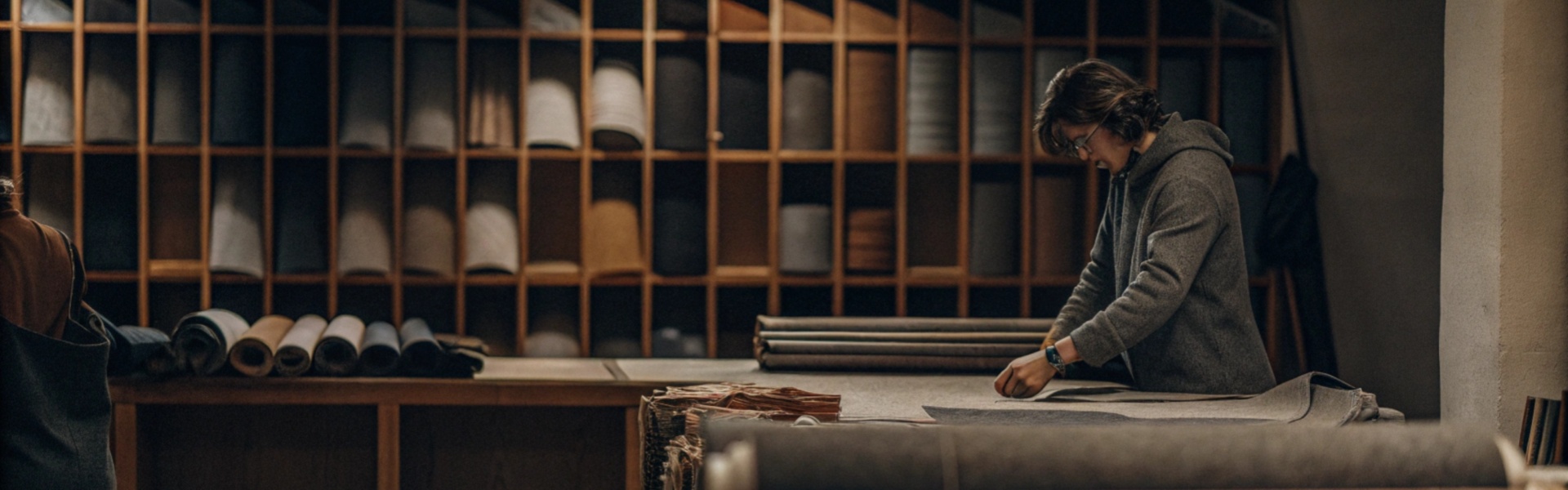 Person working with fabric on a table, surrounded by fabric rolls and shelves.