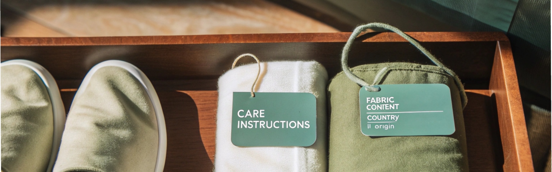 Green fabric care tags on rolled garments and shoes in a wooden tray.