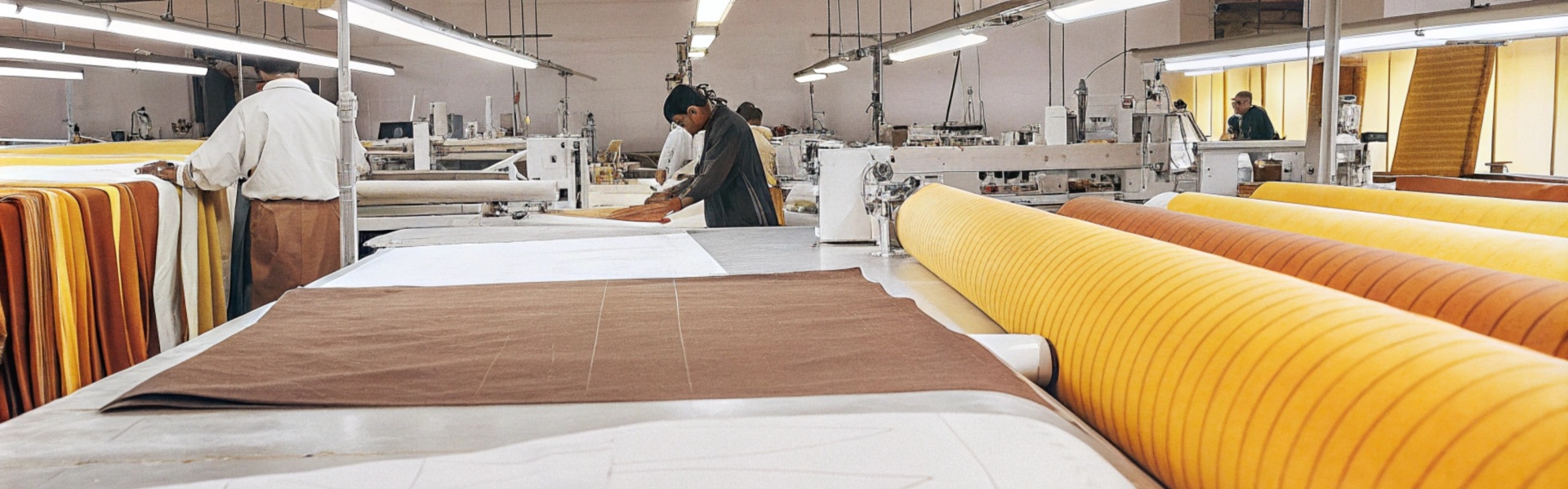 Workers in a textile factory cutting large rolls of yellow and brown fabric.