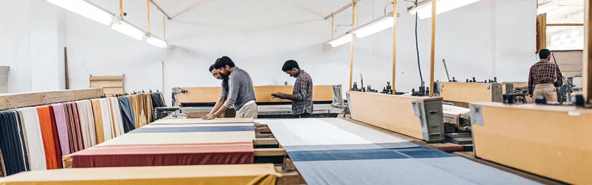 Workers inspecting and aligning colorful fabrics on large production tables in a textile factory.