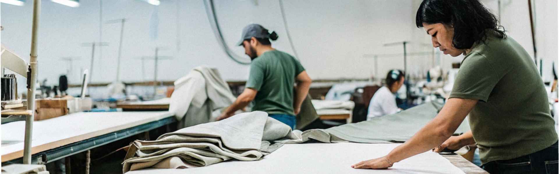 Workers arranging and cutting fabric in a large industrial sewing workspace.