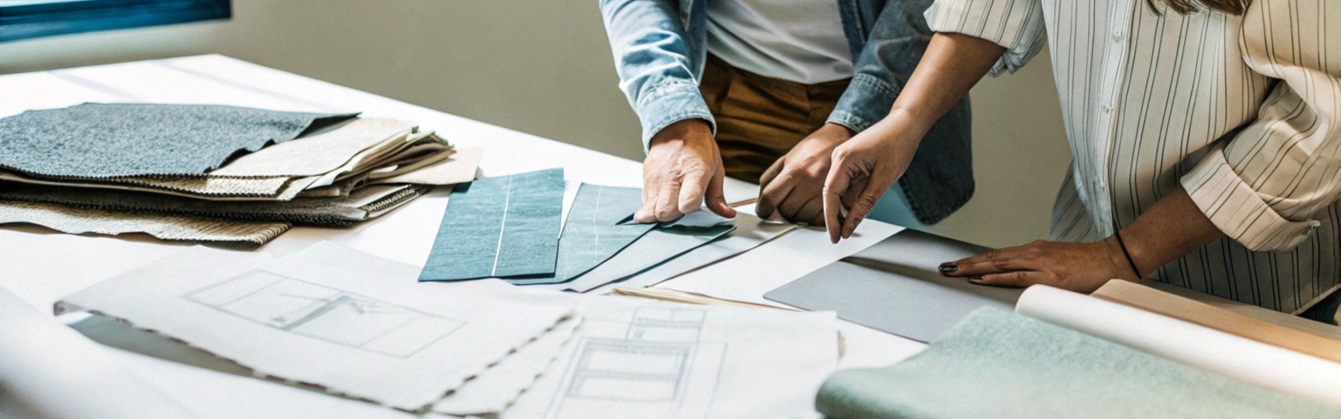 Two people working with fabric samples and blueprints on a table.