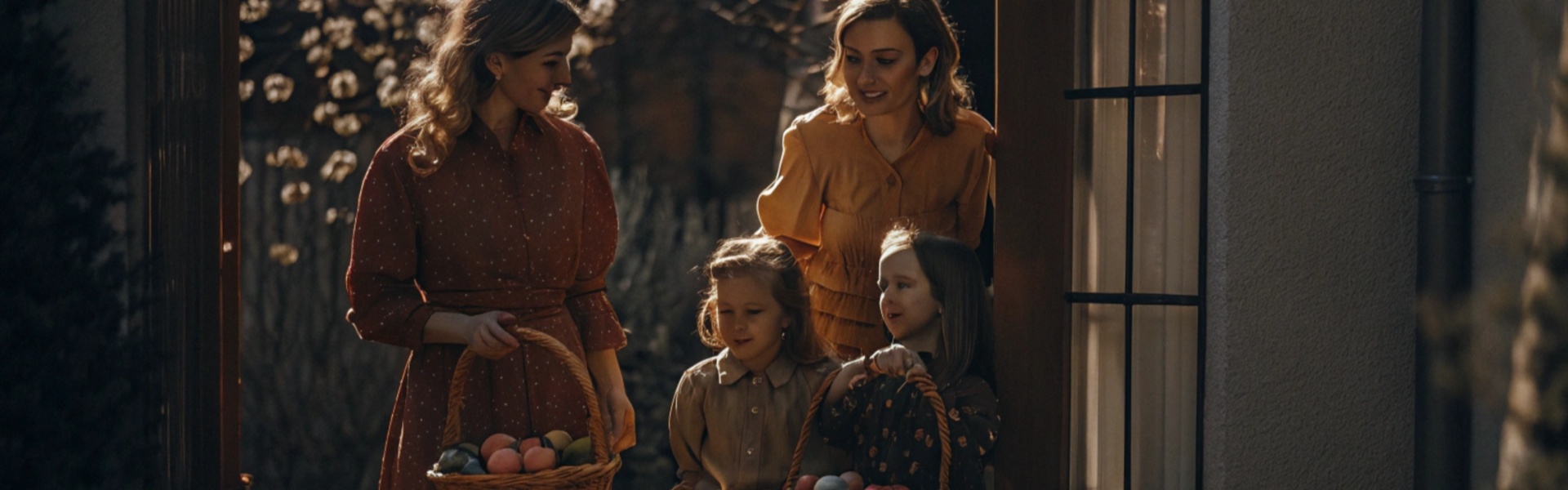 A family of two women and two children holding baskets of colorful Easter eggs outdoors in warm lighting.