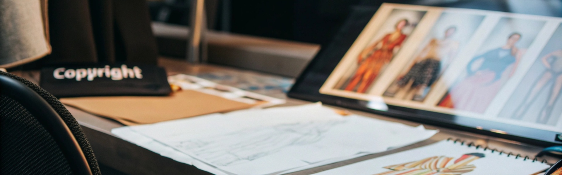 A desk with fashion sketches, design prints, and a tablet displaying colorful outfit illustrations.