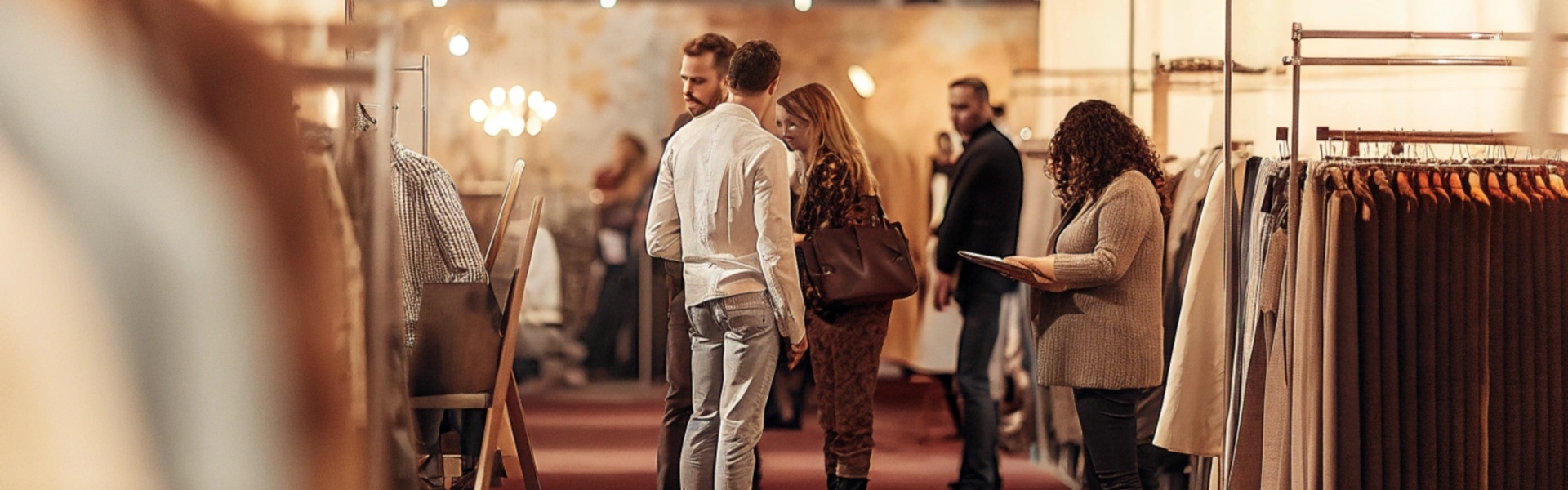 People exploring clothing racks and discussing at a fashion trade show in a well-lit exhibition space.