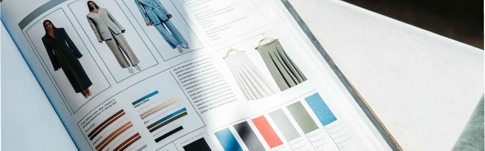 Open catalog showing clothing designs, fabric swatches, and color palettes.