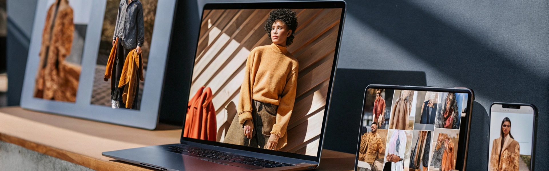 Laptop, tablet, phone, and digital displays showing fashion images in a well-lit space.