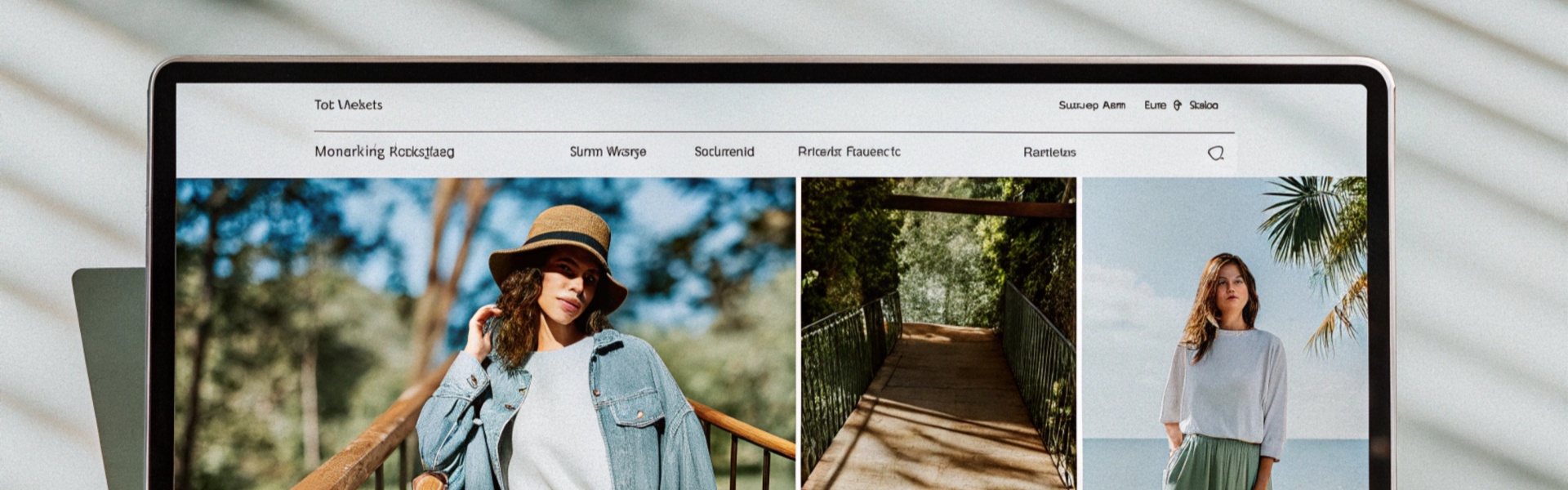A laptop displaying a fashion website with nature-inspired imagery.