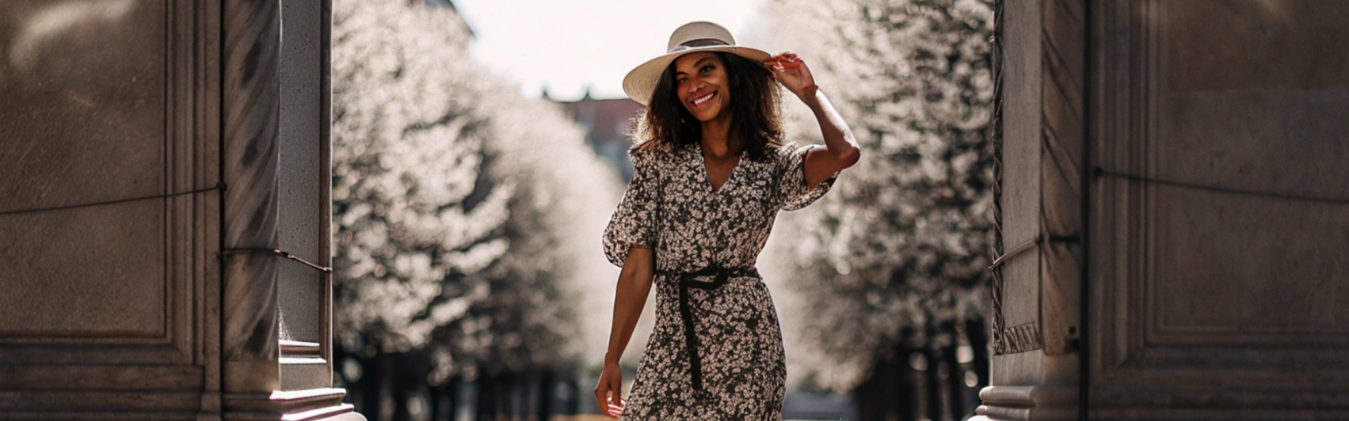 Woman in a floral dress and hat smiling while walking outdoors, surrounded by sunlit trees and an architectural frame.